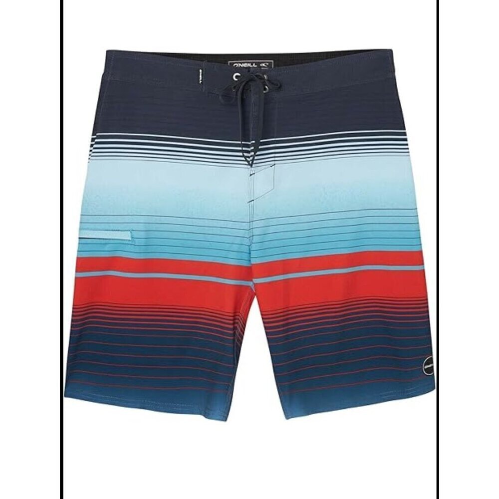 ONeill Hyperfreak Mens Boardshorts Blue Red Striped Size 28 Lightweight Quick-Dr